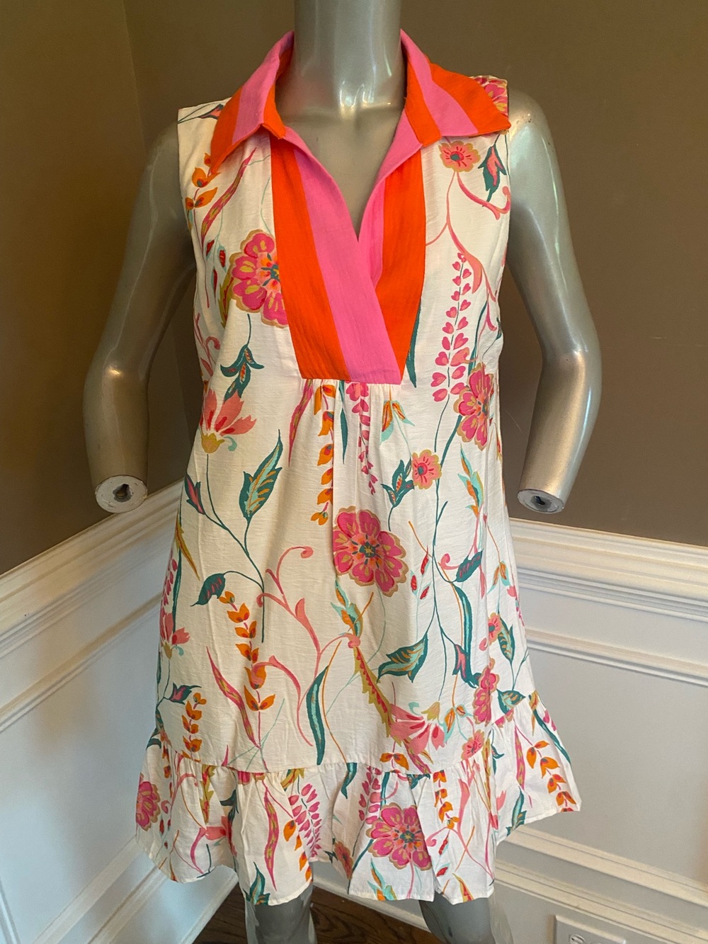 THLM Antropologie Floral Sleeveless Shift Sundress with Pink & Orange Trim Sz S